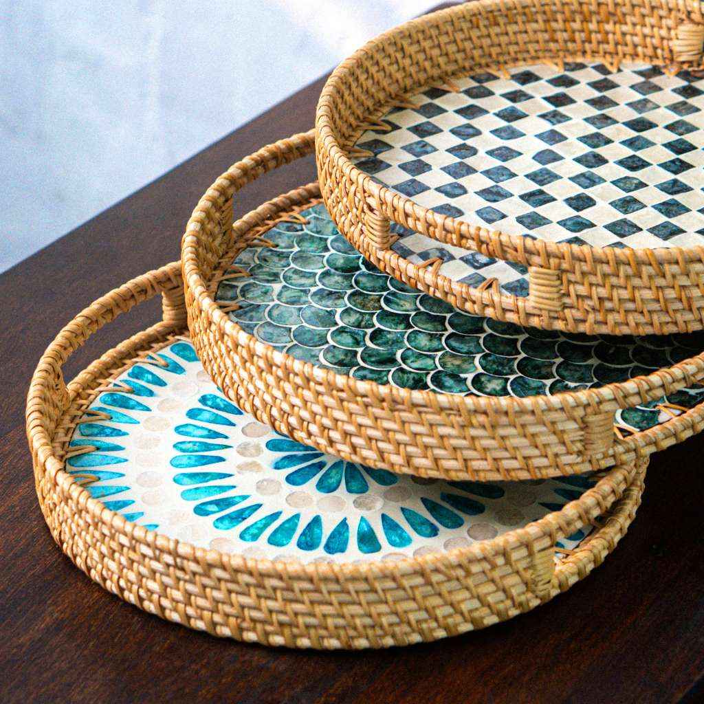 Rattan Tray With Mother Of Pearl Drift Handmade 30cm 35cm Vietnam