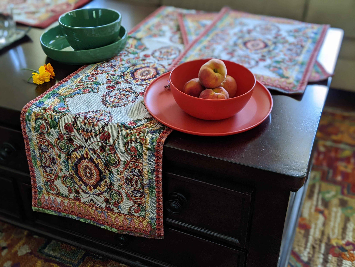 Tache Elegant Ivory Colorful Ornate Paisley Woven Tapestry Table Runner (18193)