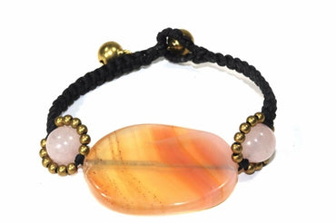 Peach Agate Slice And Rose Quartz Handmade Bracelet With Brass Beads