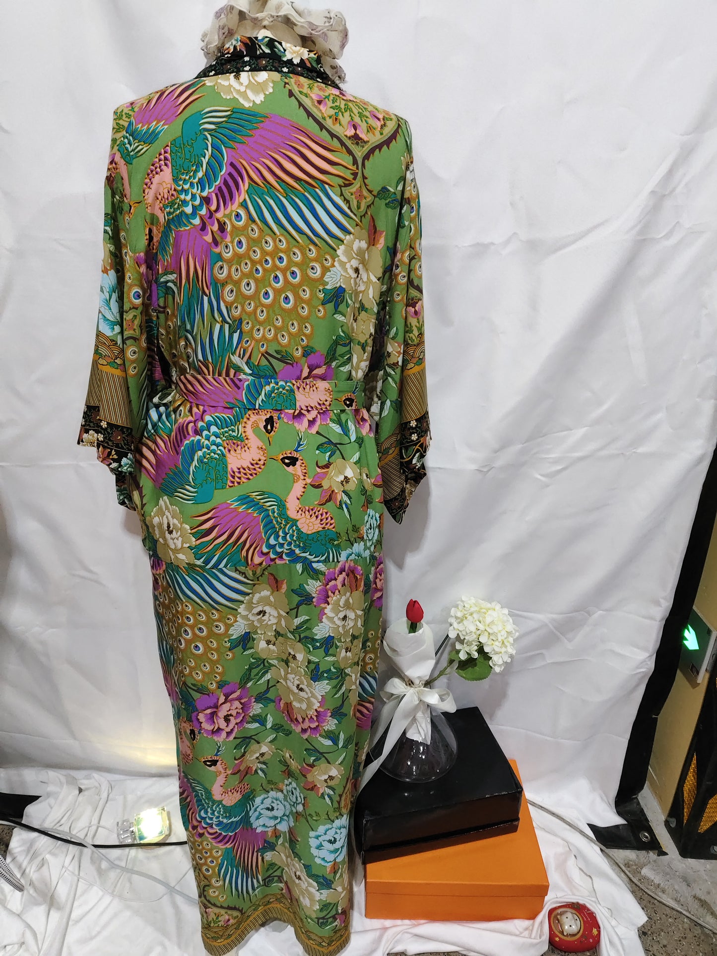 Bohemian Crane Print Kimono Dress Cotton Midi With Swing Skirt