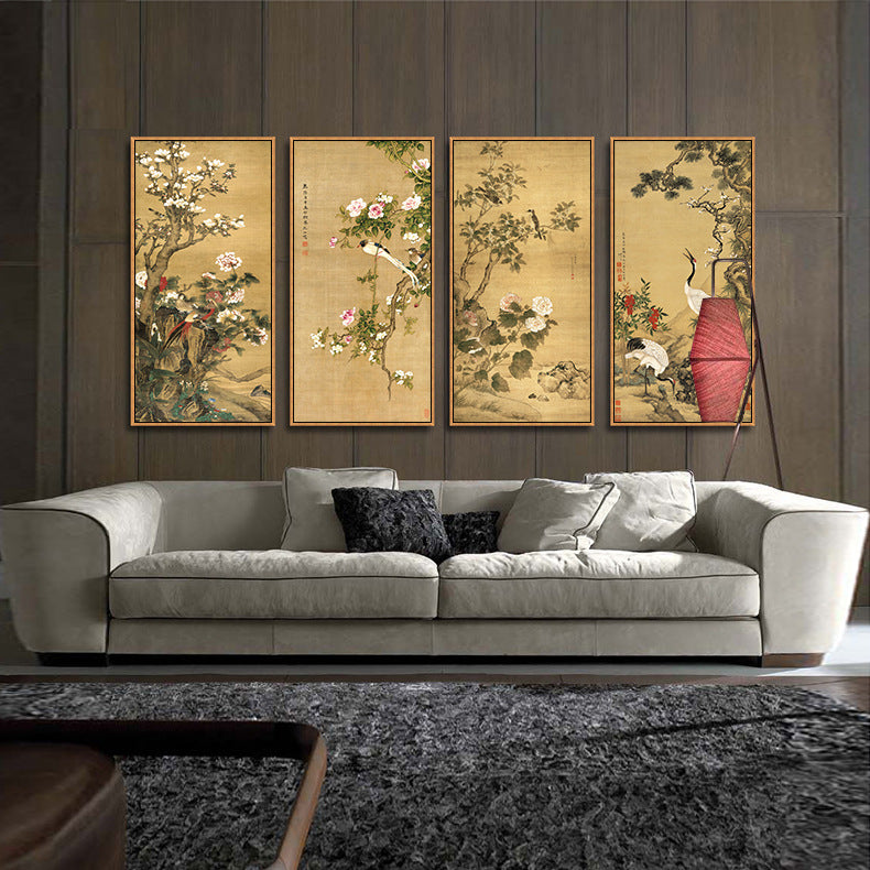 Quadruple Flower And Bird Chinese Painting Entrance Vertical Plate Painting