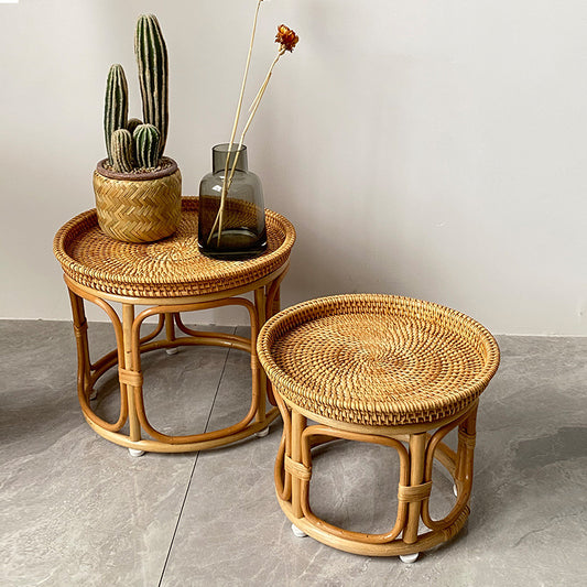 Handwoven Rattan Vintage Storage Coffee Table Round Modern Design