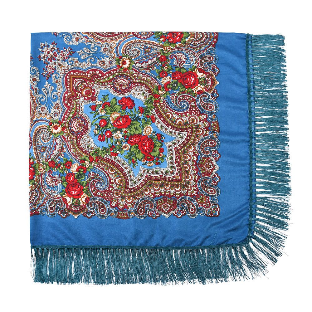 Vintage Twill Tassel Ethnic Print Cotton Blend Shawl 135x135cm