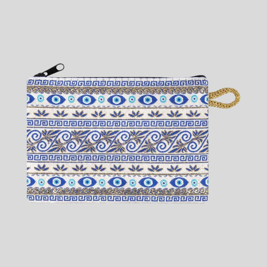 Floral Striped Evil Eye with Golden Accents Design Woven Zipper Coin Purse