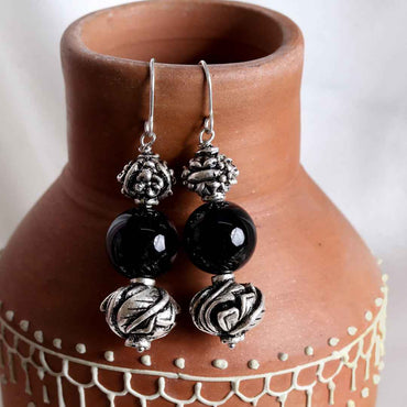 Sterling Silver Carved Beads Onyx Earrings Handmade Indo Western Everyday Wear