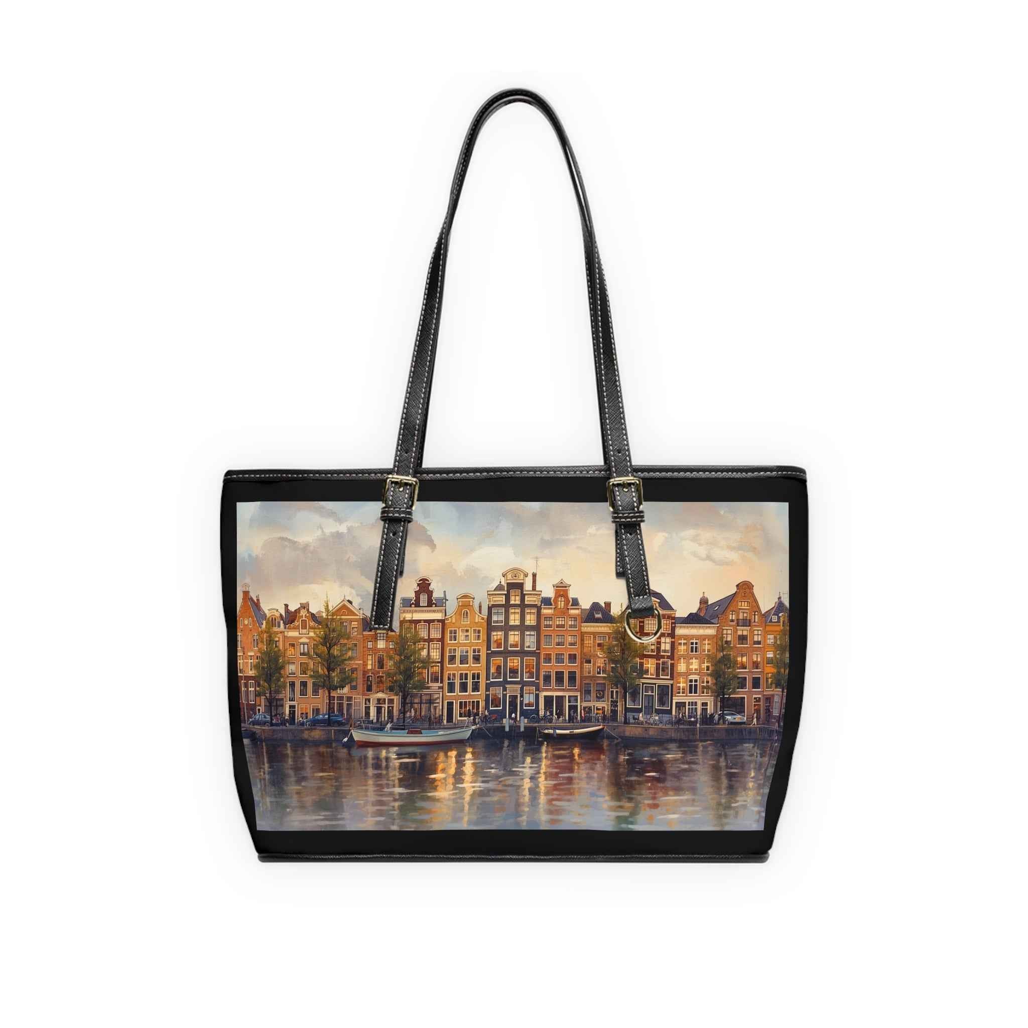 Amsterdam Cityscape PU Leather Shoulder Bag, Chic Tote, Travel Purse, Gift for Her, Wall Art-Inspired Bag