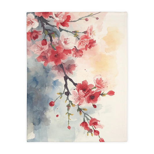 Floral Watercolor Cherry Blossom Blanket — Velveteen Microfiber Throw