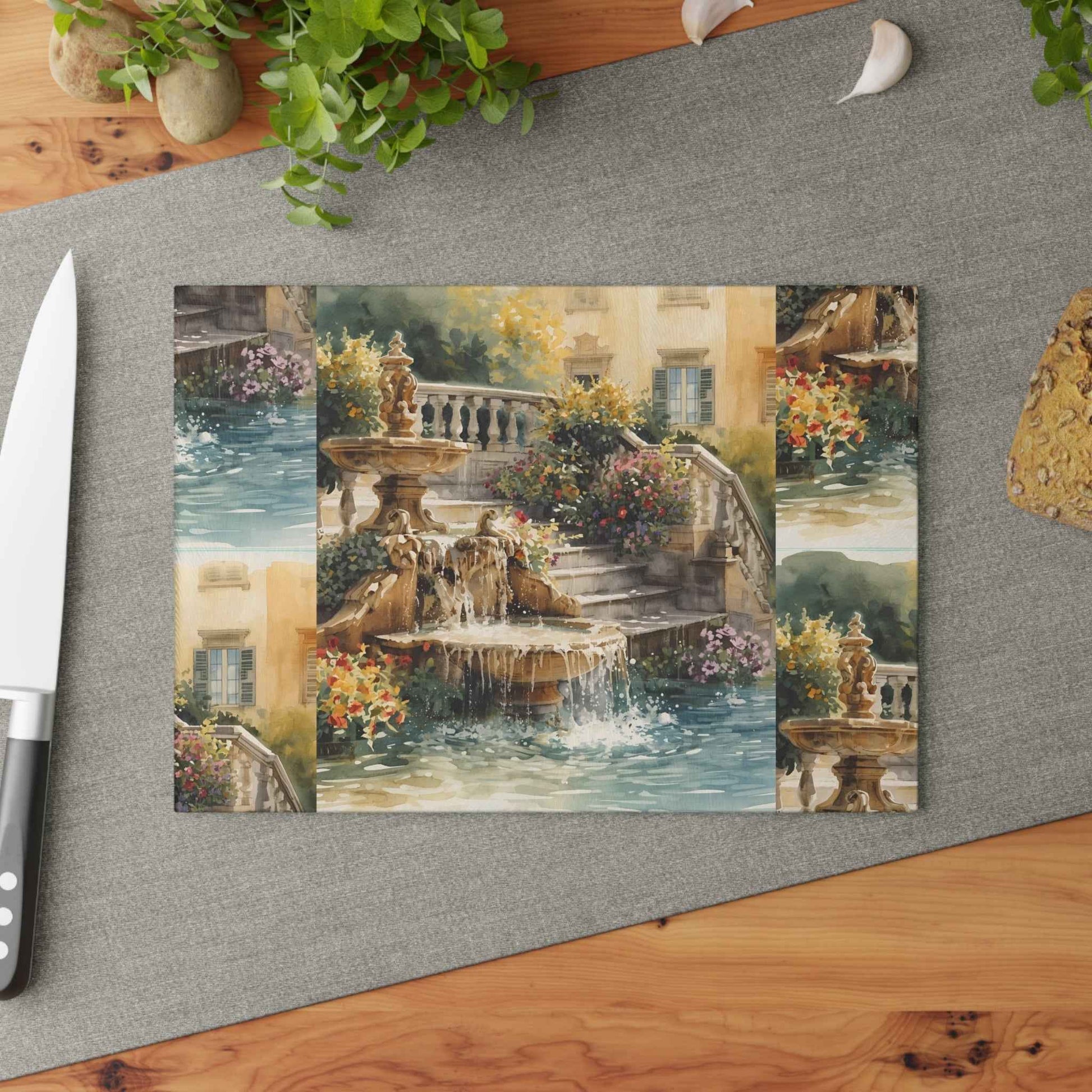 Elegant Tuscan Garden Fountain Glass Cutting Board