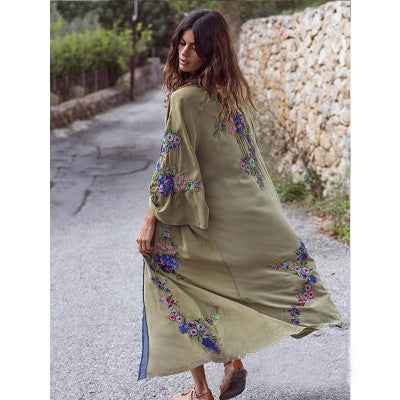 Women's embroidered flower army green bohemian kimono