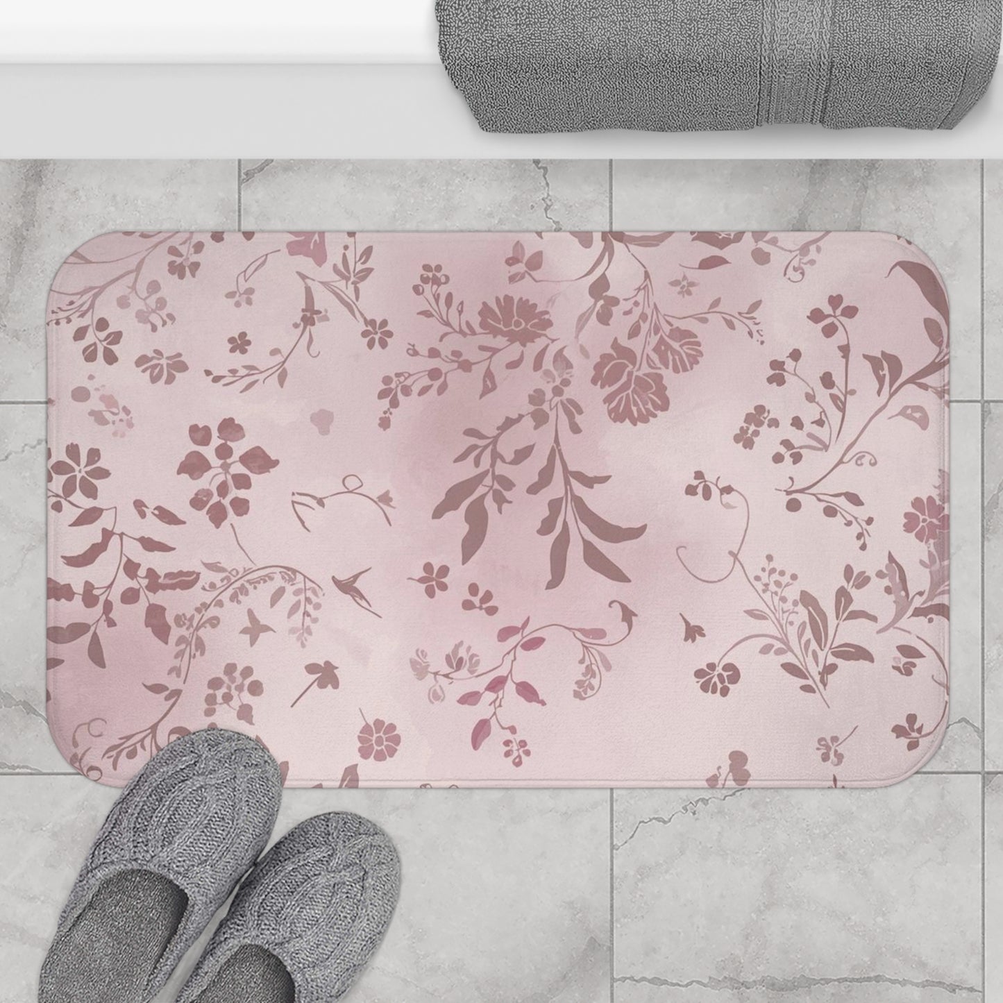 Blush Floral Bath Mat — Soft Pink Vintage Vine Bathroom Rug