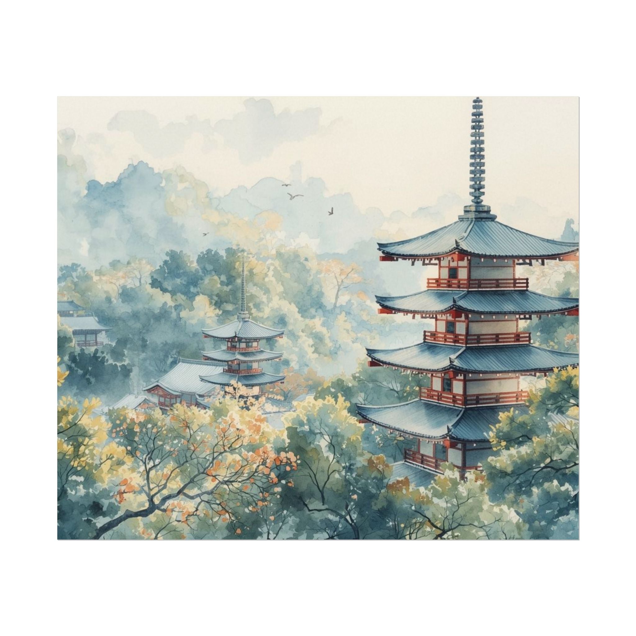 Serene Watercolor Poster Art Nature Wall Decor Pagoda - Rosetta Creative Boutique