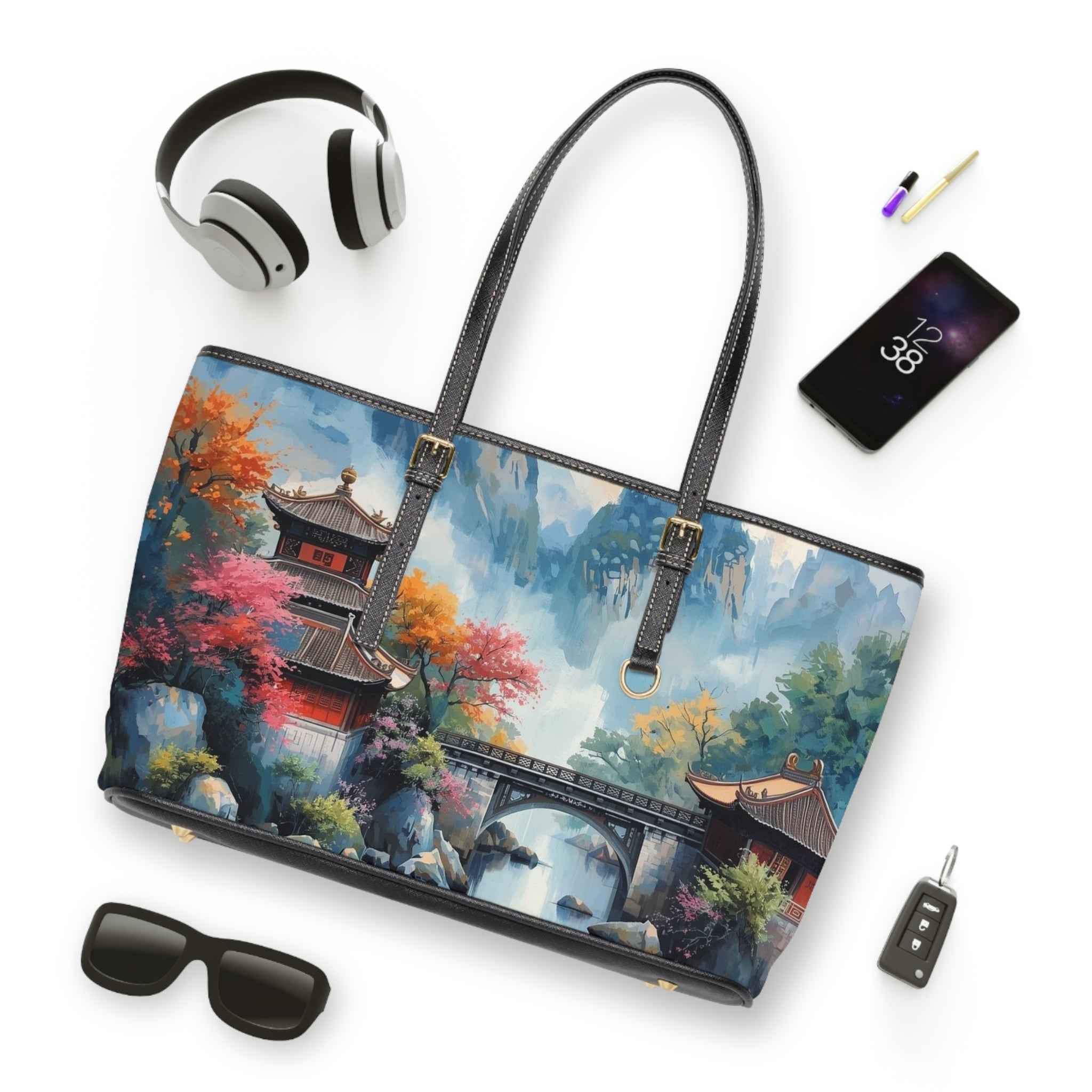 Scenic Asian Landscape PU Leather Shoulder Bag — Autumn Pagoda Bridge Tote