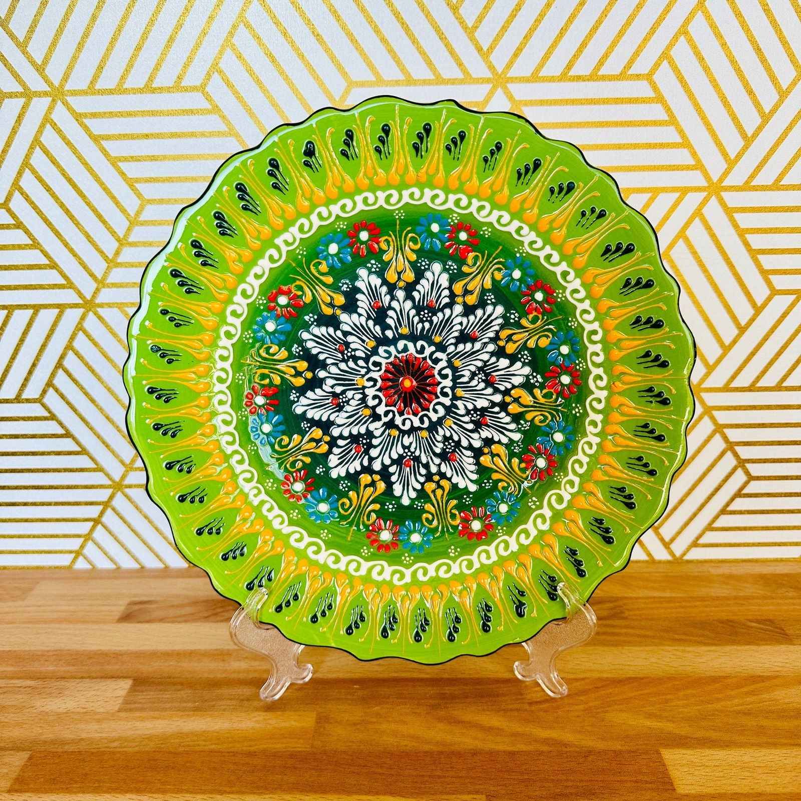 10” Turkish Ceramic Handmade & Painted Plate - Bright Green Dot Art Floral Tulip Patterned - Wall Hanging or Stand Use