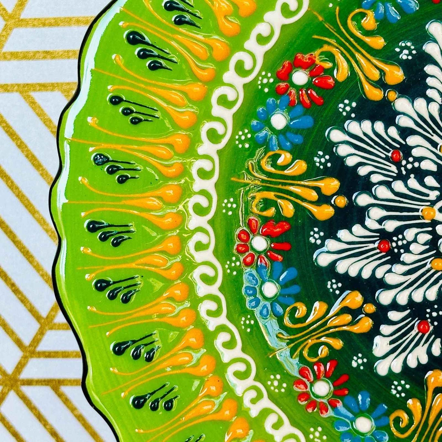 10” Turkish Ceramic Handmade & Painted Plate - Bright Green Dot Art Floral Tulip Patterned - Wall Hanging or Stand Use