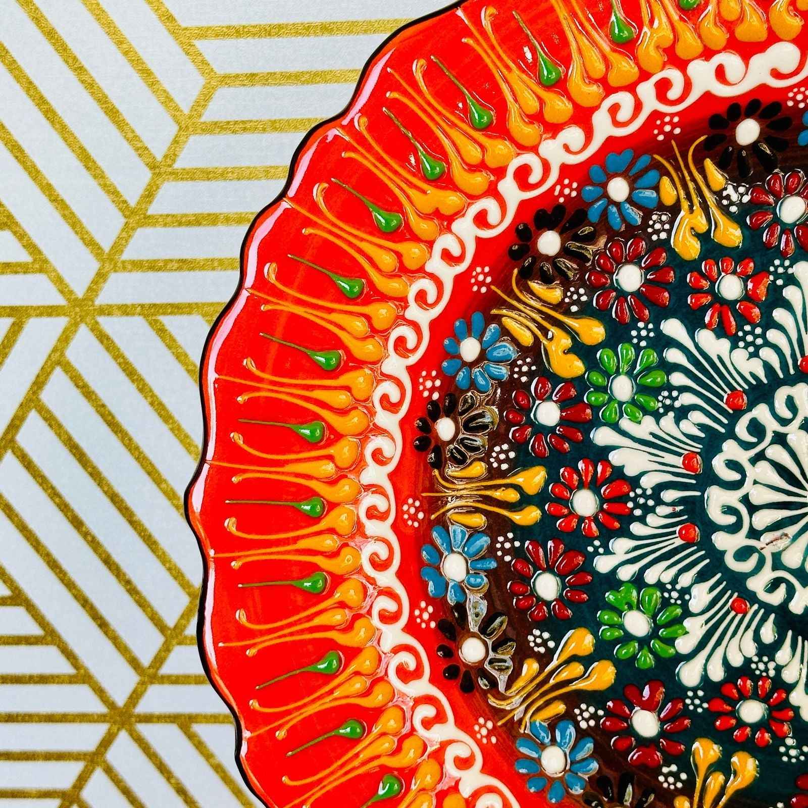 10” Turkish Ceramic Handmade & Painted Plate - Bright Orange Fire Dot Art Floral Tulip Patterned - Wall Hanging or Stand Use