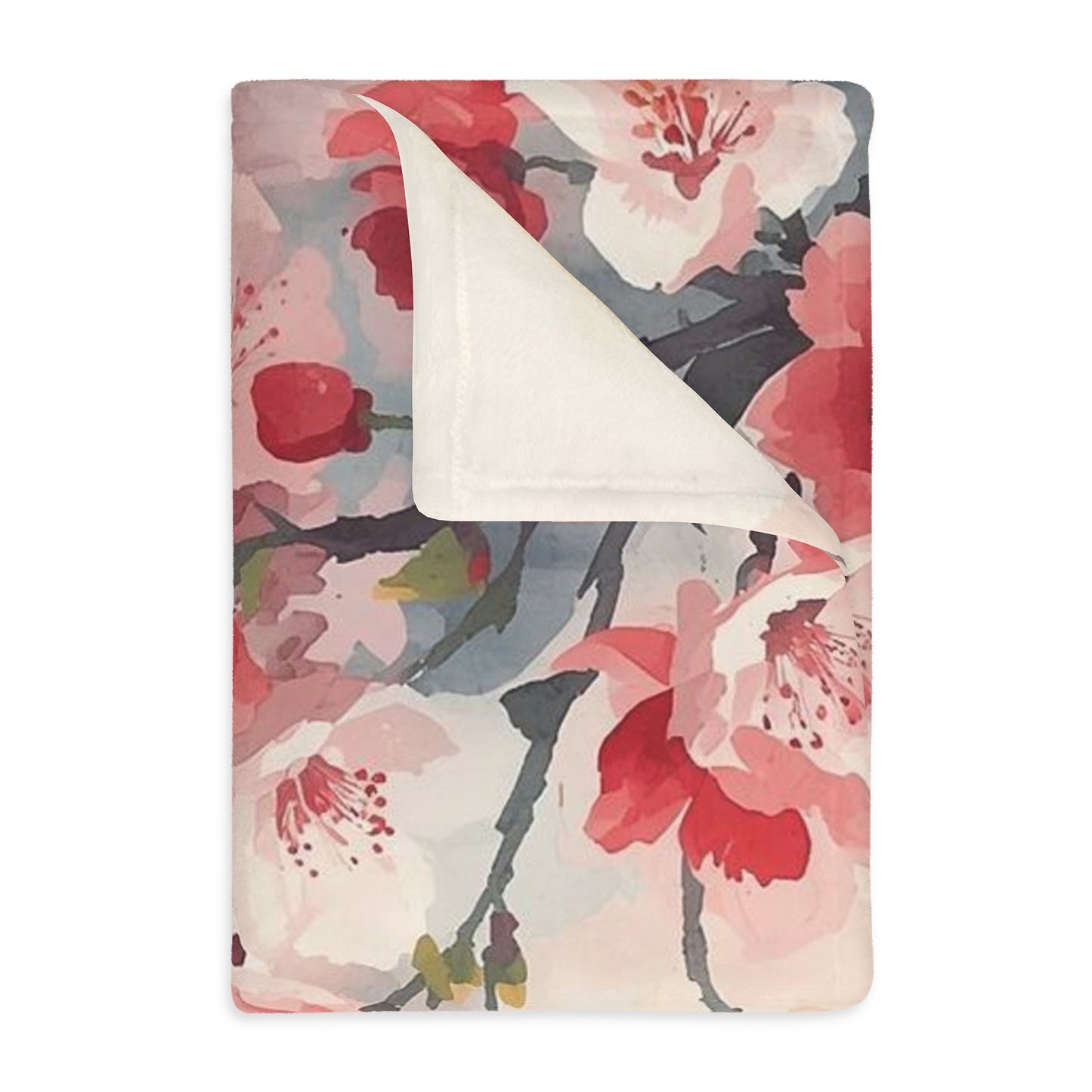 Floral Watercolor Cherry Blossom Blanket — Velveteen Microfiber Throw