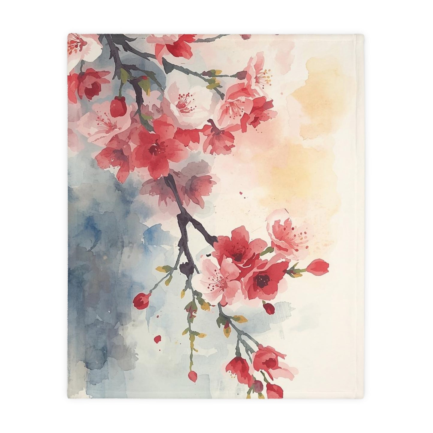 Floral Watercolor Cherry Blossom Blanket — Velveteen Microfiber Throw