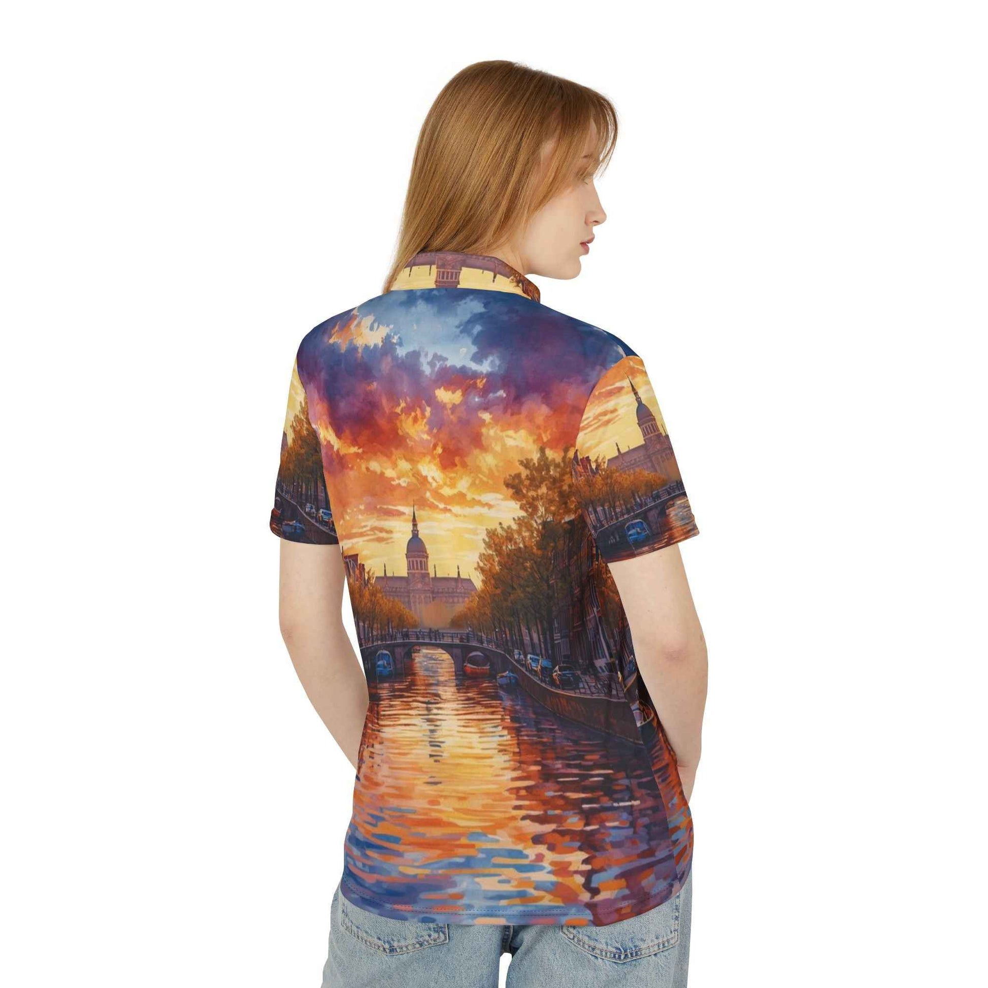 Sunset Amsterdam Canal Polo Shirt With Impressionist Cityscape All Over Print