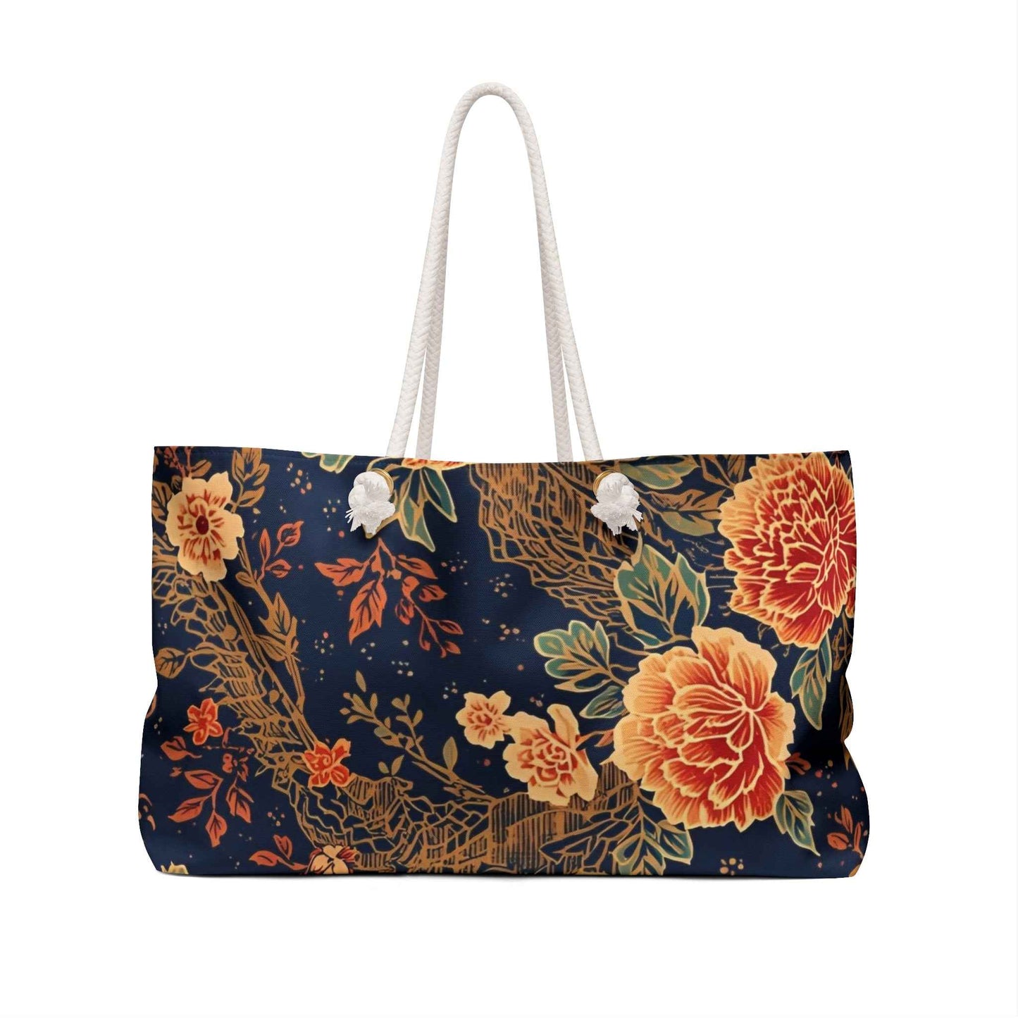 Navy Floral Weekender Bag — Vintage Orange Peony Travel Tote