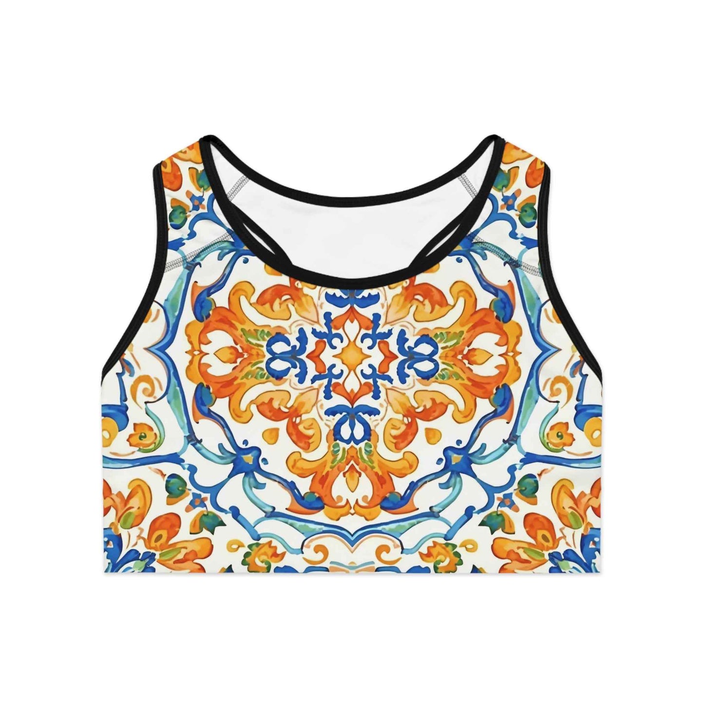 Mediterranean Tile Compression Sports Bra Orange Blue Allover Print