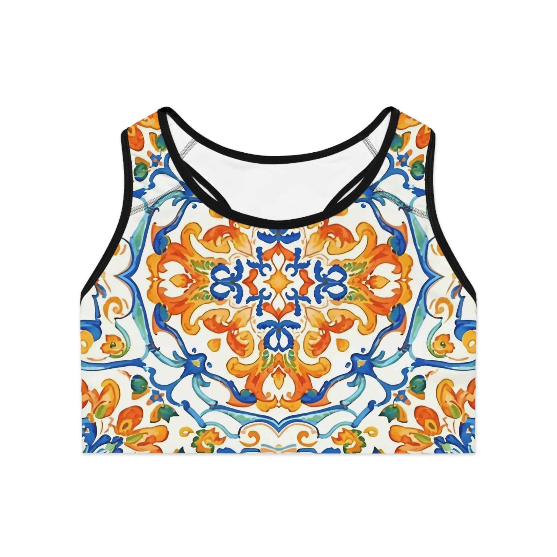 Mediterranean Tile Compression Sports Bra Orange Blue Allover Print
