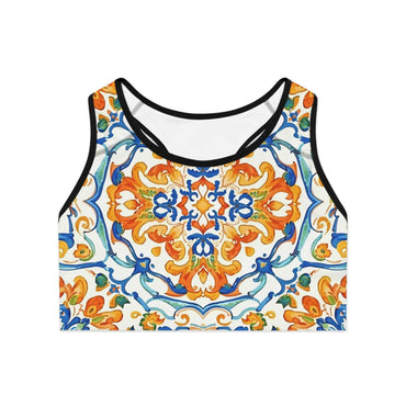 Mediterranean Tile Compression Sports Bra Orange Blue Allover Print