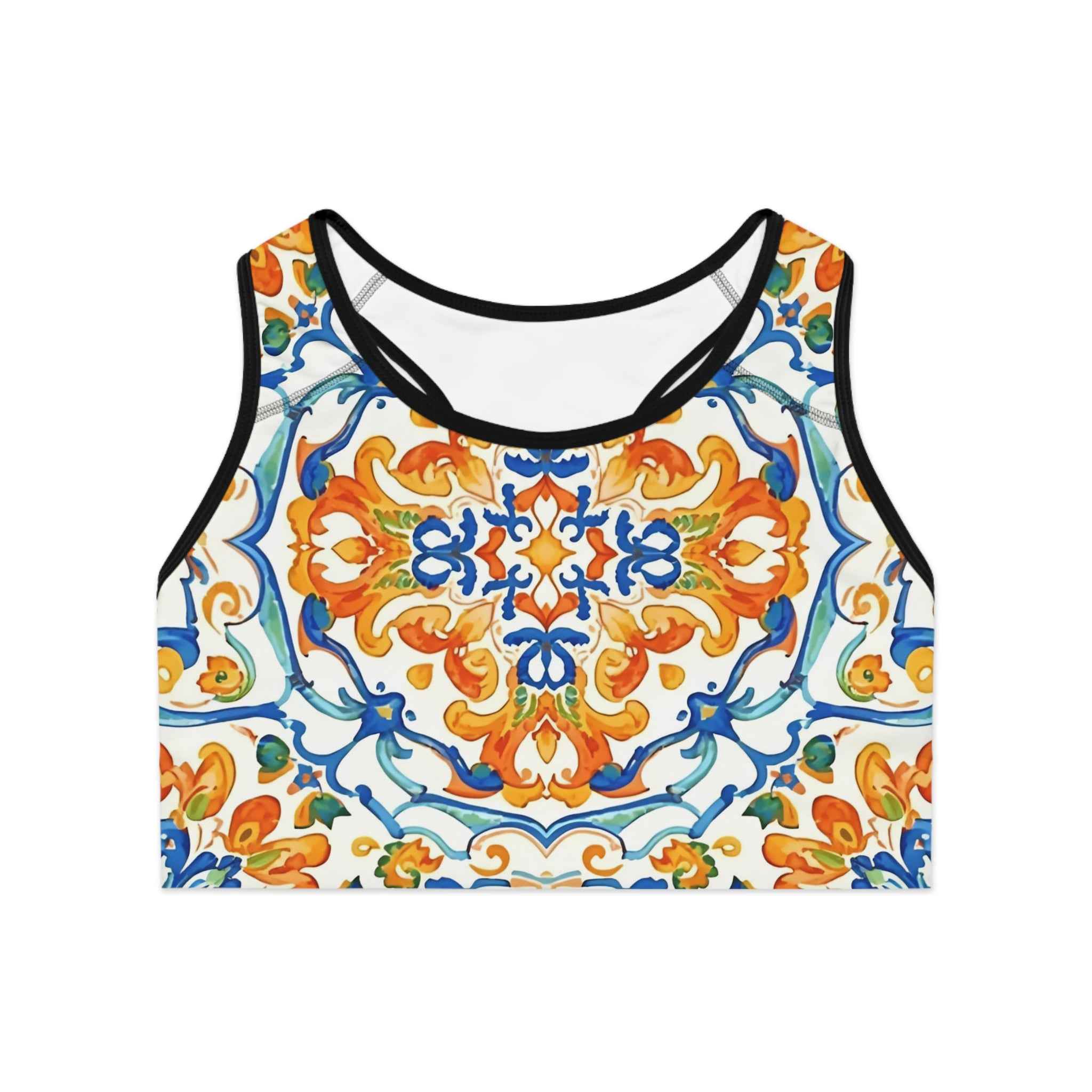 Mediterranean Tile Compression Sports Bra Orange Blue Allover Print