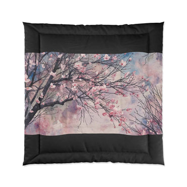 Cherry Blossom Comforter Set Lightweight Pink Watercolor Tree Bedding Microfiber