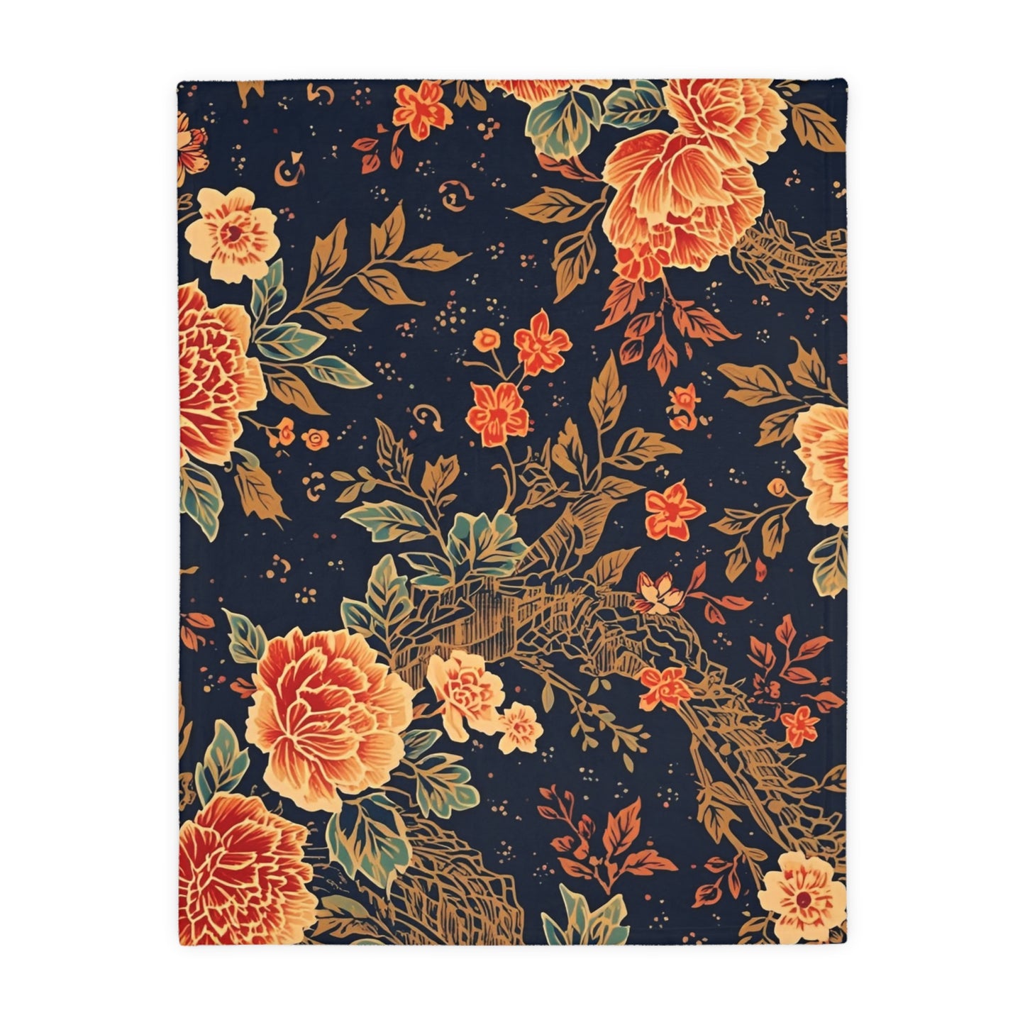 Floral Koi Velvet Microfiber Blanket — Vintage Navy Garden Throw