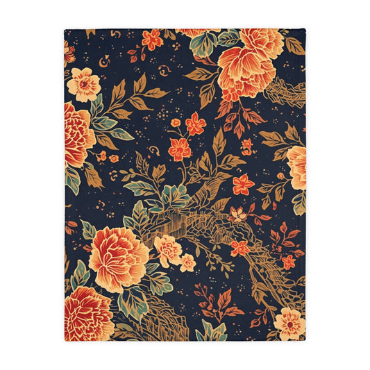 Floral Koi Velvet Microfiber Blanket — Vintage Navy Garden Throw