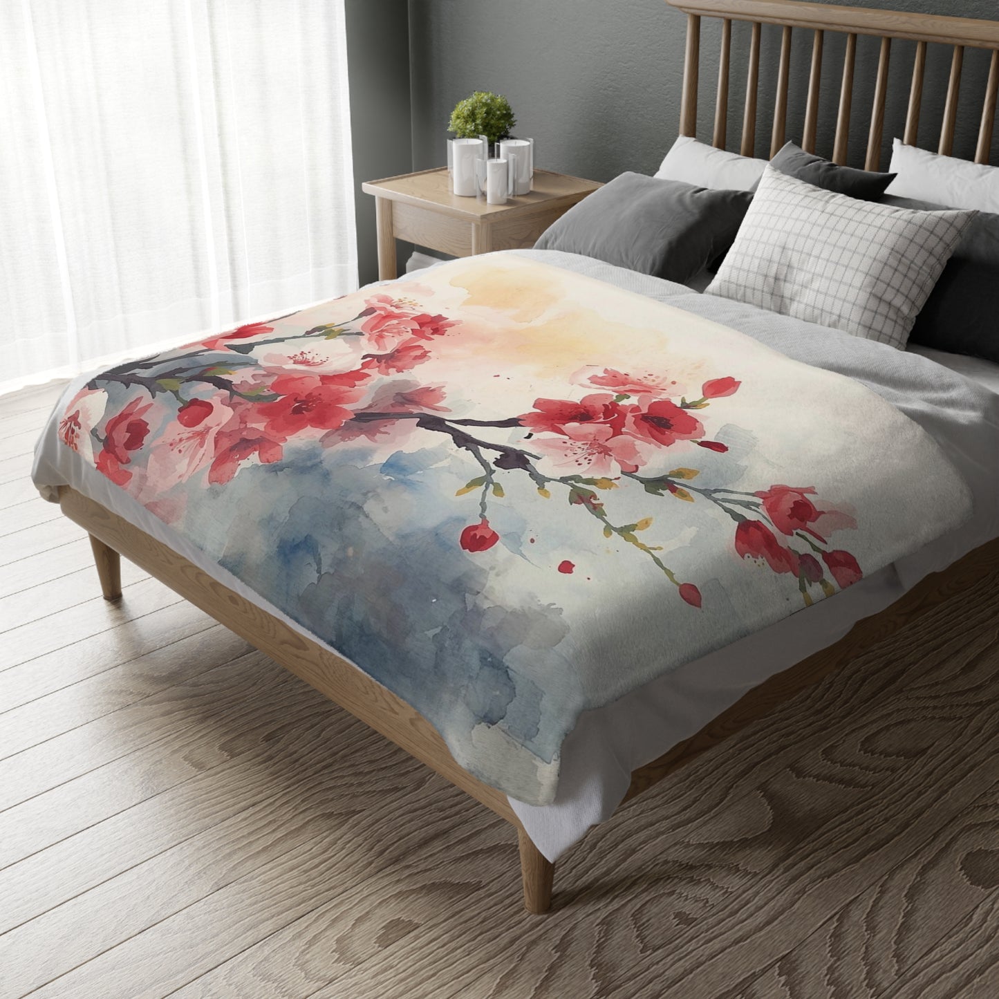 Floral Watercolor Cherry Blossom Blanket — Velveteen Microfiber Throw