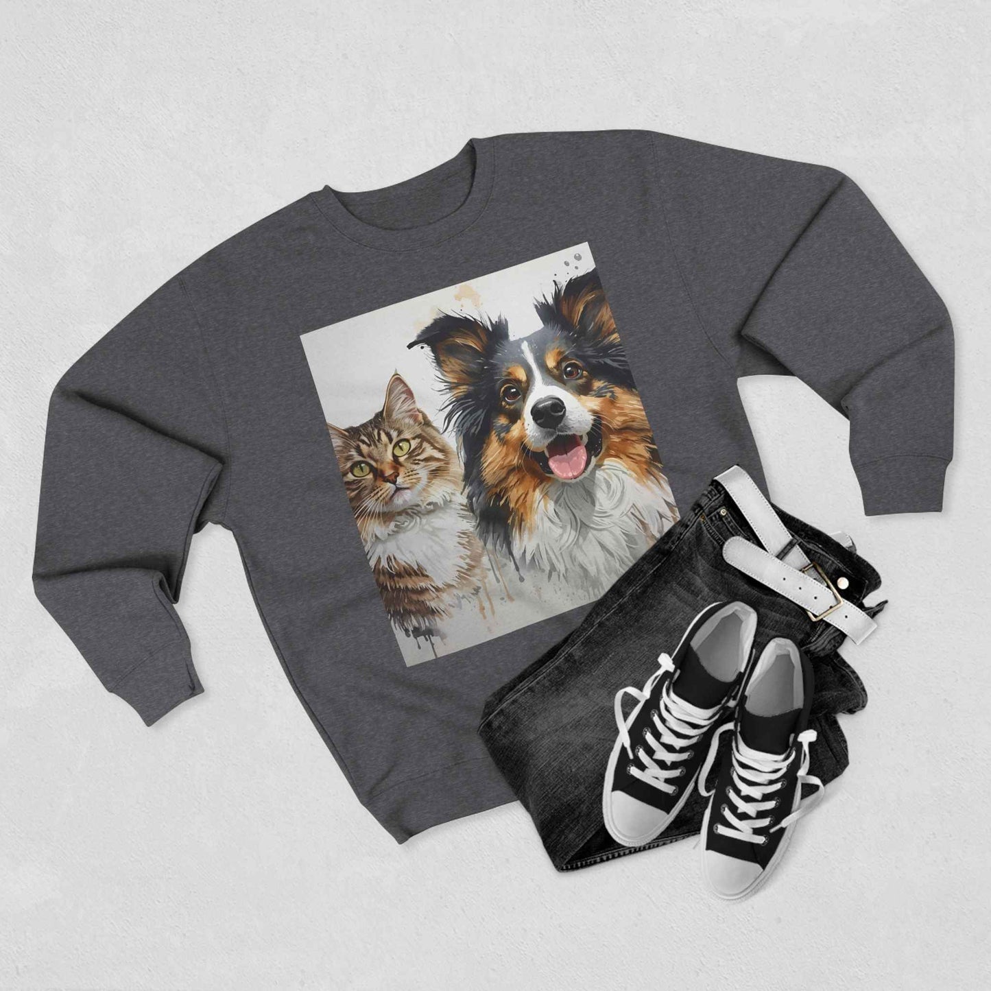 Pet Portrait Crewneck Sweatshirt With Dog And Cat Watercolor Print