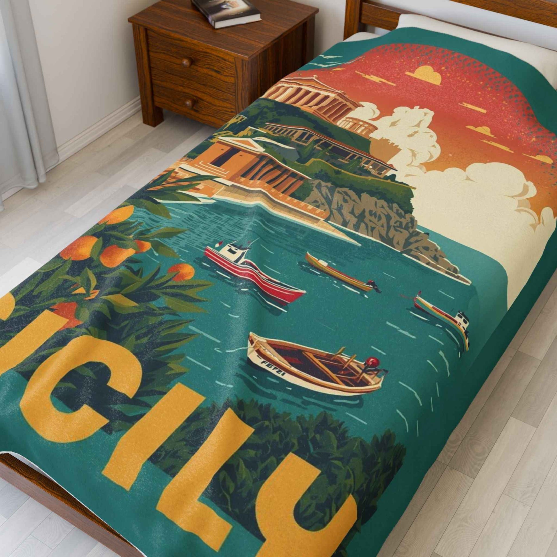 Sicily Scenic Velveteen Plush Blanket – Luxurious Coastal Travel Art