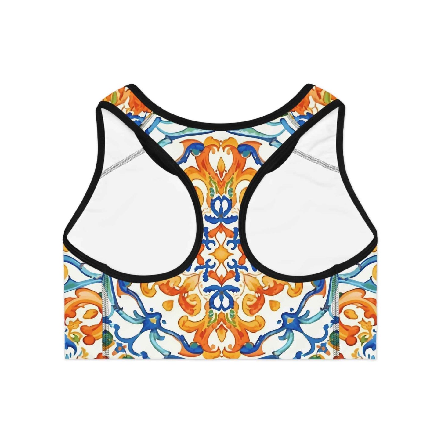Mediterranean Tile Compression Sports Bra Orange Blue Allover Print