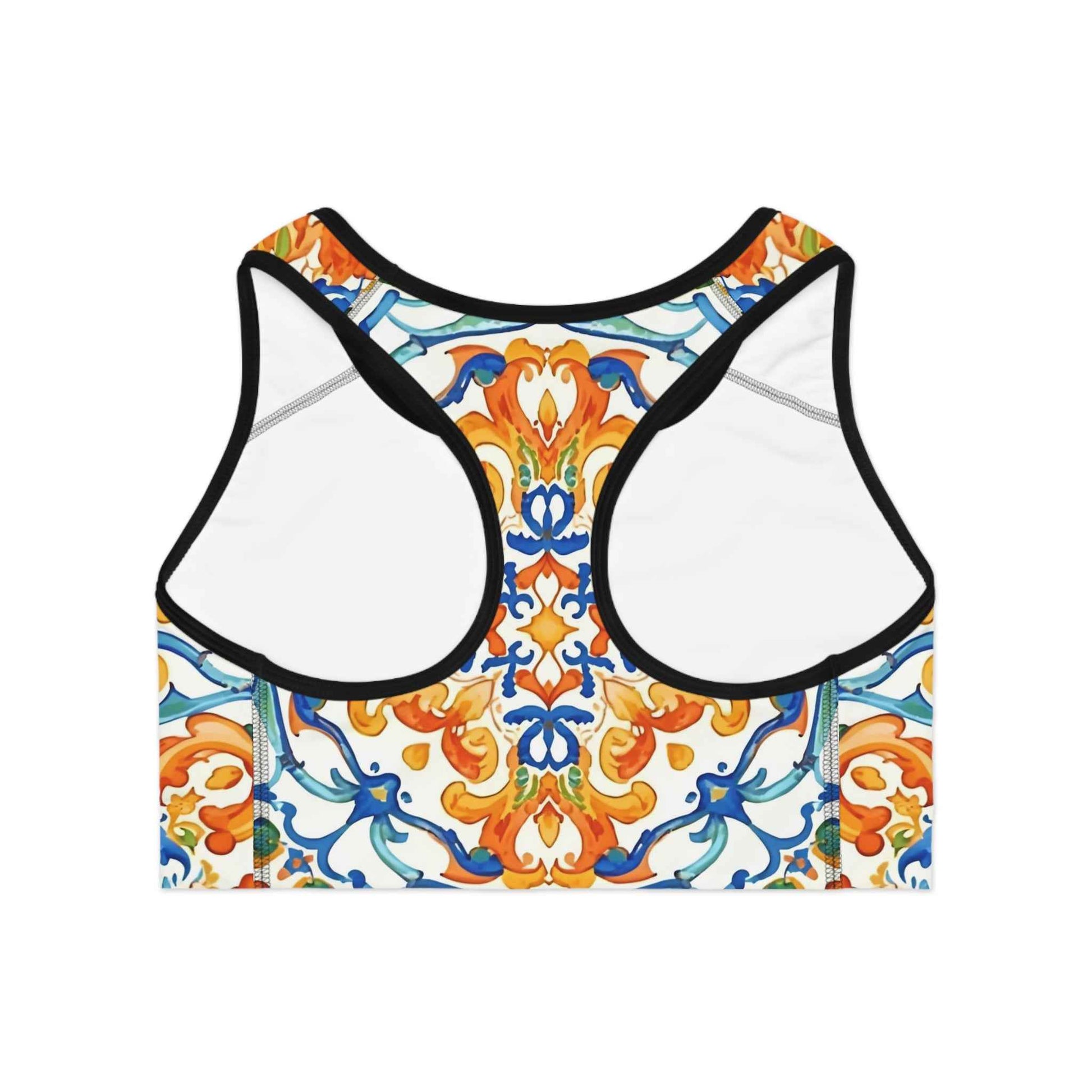 Mediterranean Tile Compression Sports Bra Orange Blue Allover Print