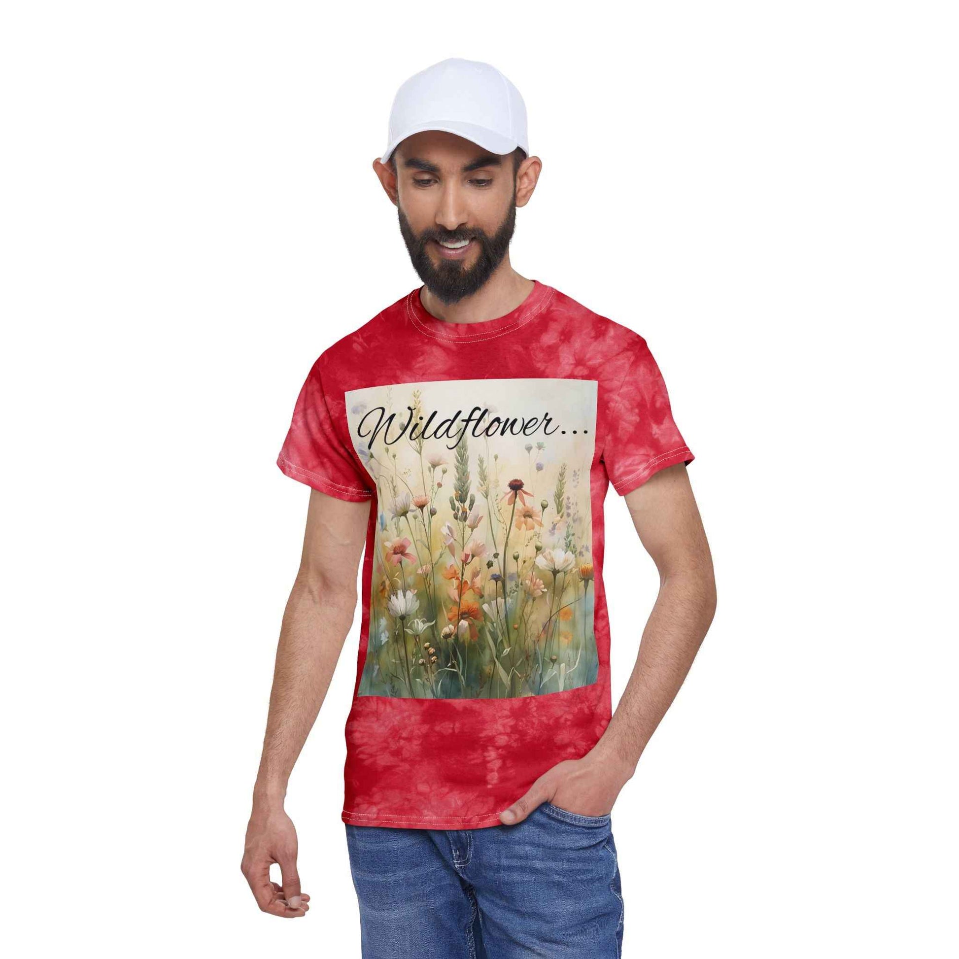 Blue Tie Dye Tee With Wildflower Graphic Reads Wildflower In A World Of Roses