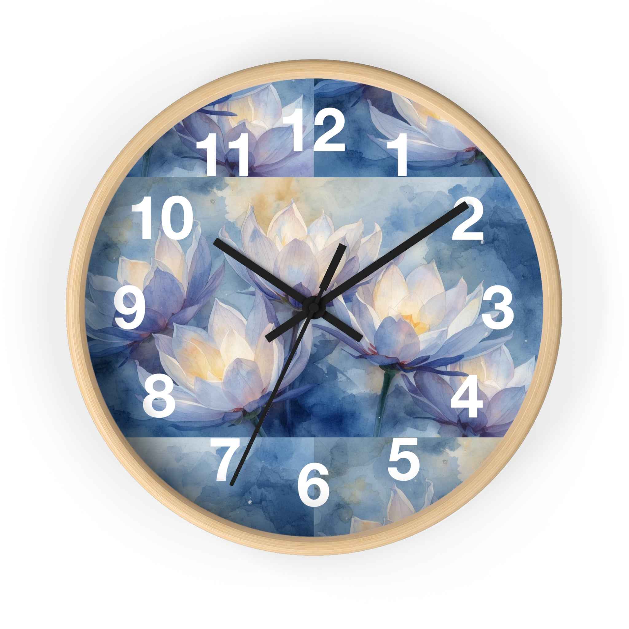 Lotus Watercolor Wall Clock — Blue Floral Decorative Clock for Living Room, Bedroom, Yoga Studio