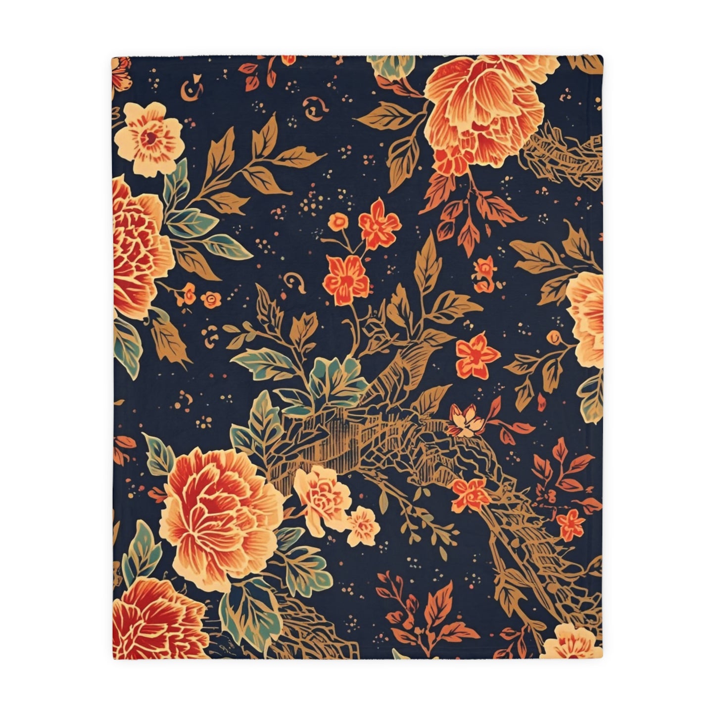 Floral Koi Velvet Microfiber Blanket — Vintage Navy Garden Throw