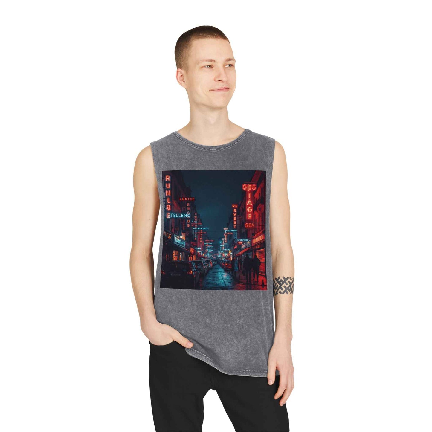 Neon French Cityscape Stonewash Tank Top With Retro Cyberpunk Night Street Print
