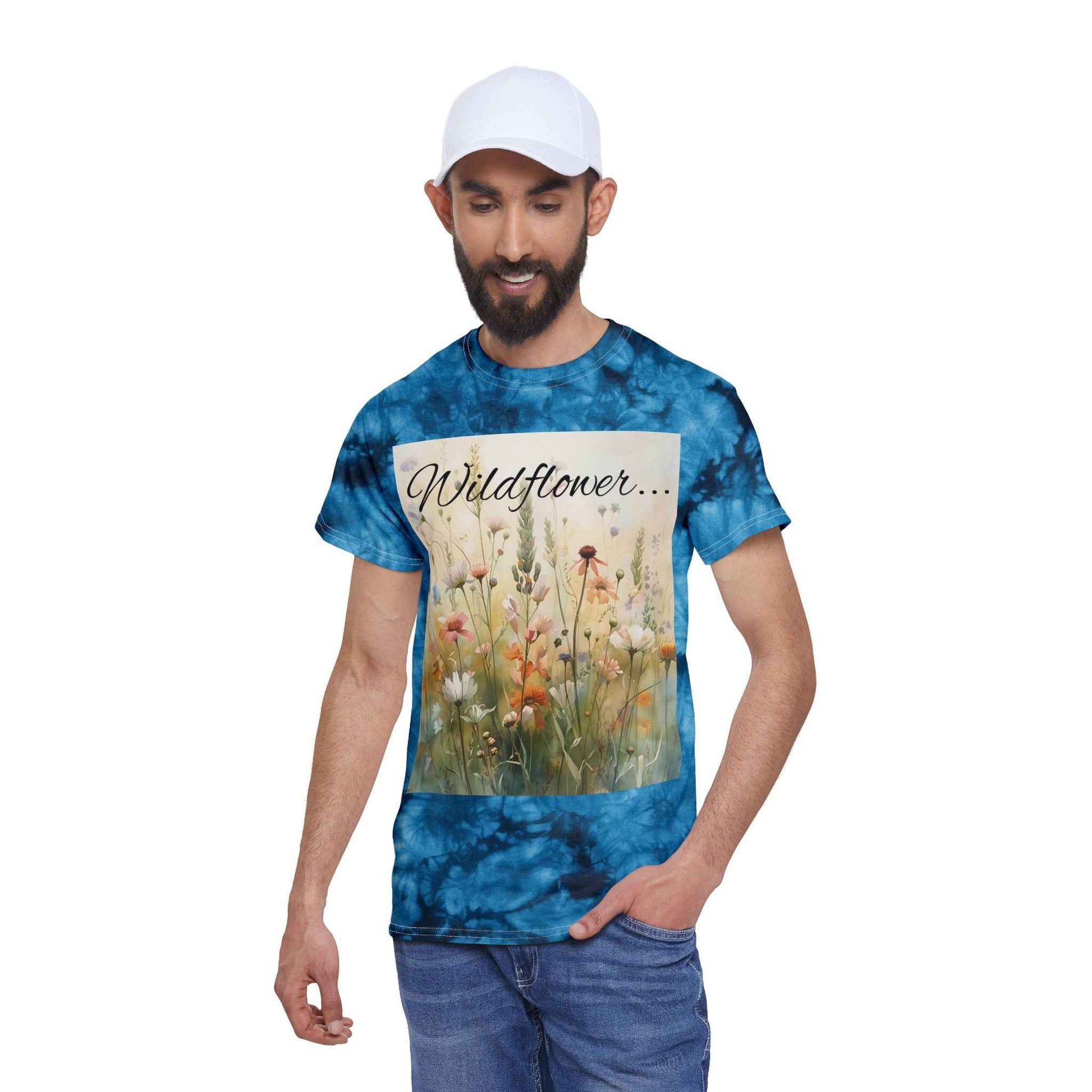 Blue Tie Dye Tee With Wildflower Graphic Reads Wildflower In A World Of Roses