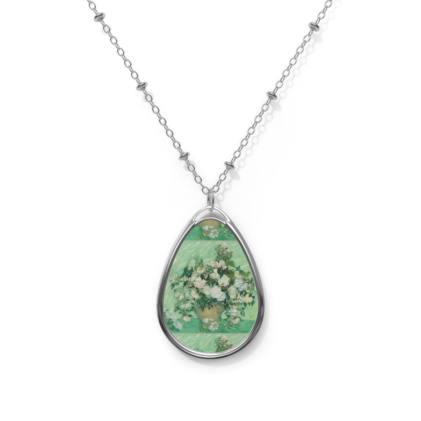 Floral Teardrop Pendant Necklace Vintage Bouquet Oval Locket Print On Aluminum