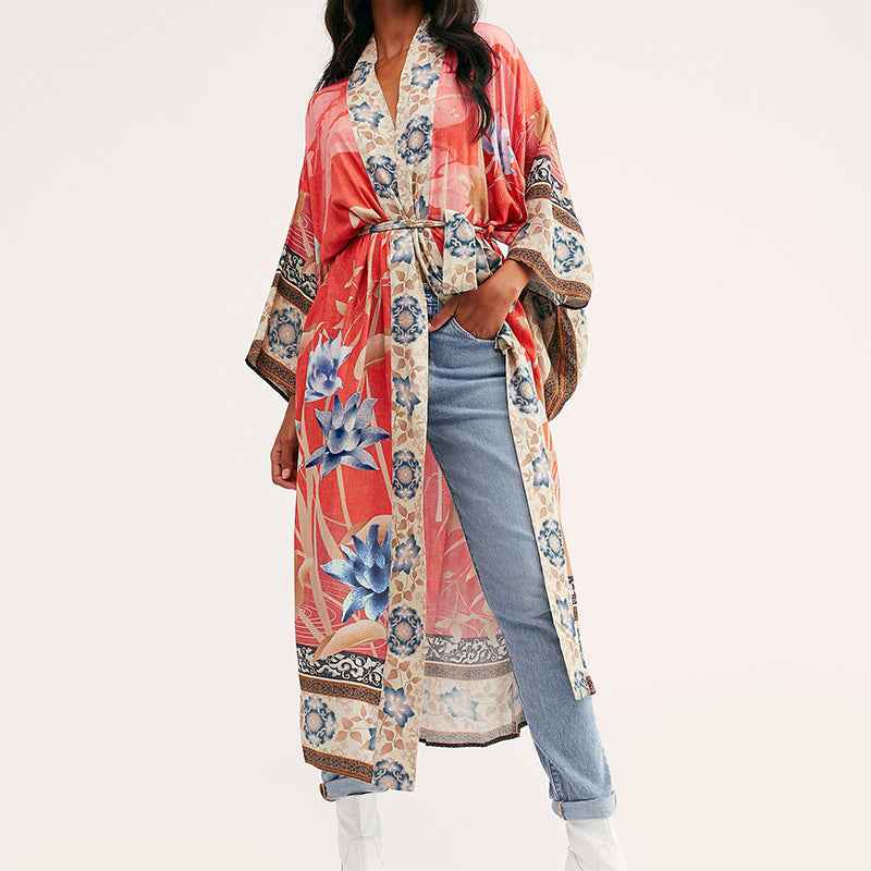 Kimono with Crane Design - Orange and Floral Red Backgrounds