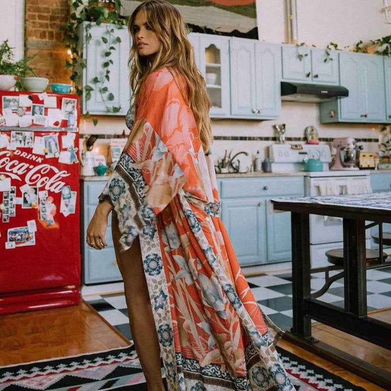 Kimono with Crane Design - Orange and Floral Red Backgrounds