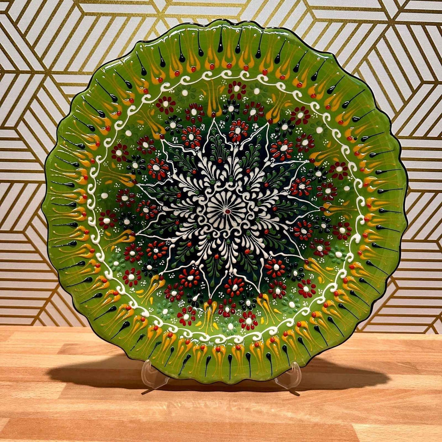 12” Turkish Ceramic Handmade & Painted Plate - Bright Green Dot Art Floral Tulip Patterned - Wall Hanging or Stand Use
