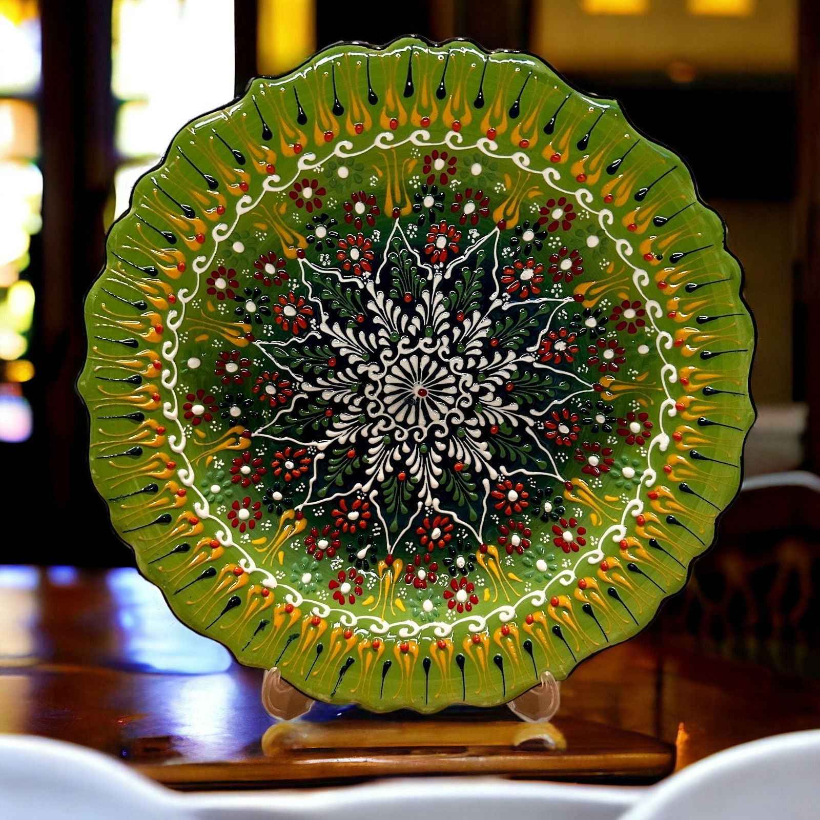 12” Turkish Ceramic Handmade & Painted Plate - Bright Green Dot Art Floral Tulip Patterned - Wall Hanging or Stand Use