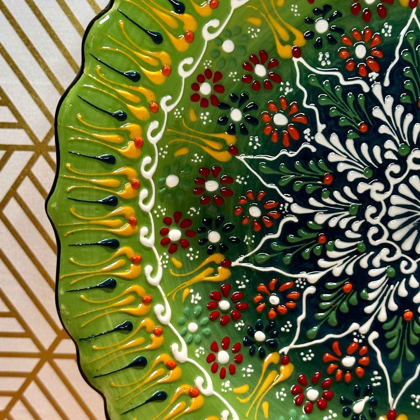 12” Turkish Ceramic Handmade & Painted Plate - Bright Green Dot Art Floral Tulip Patterned - Wall Hanging or Stand Use