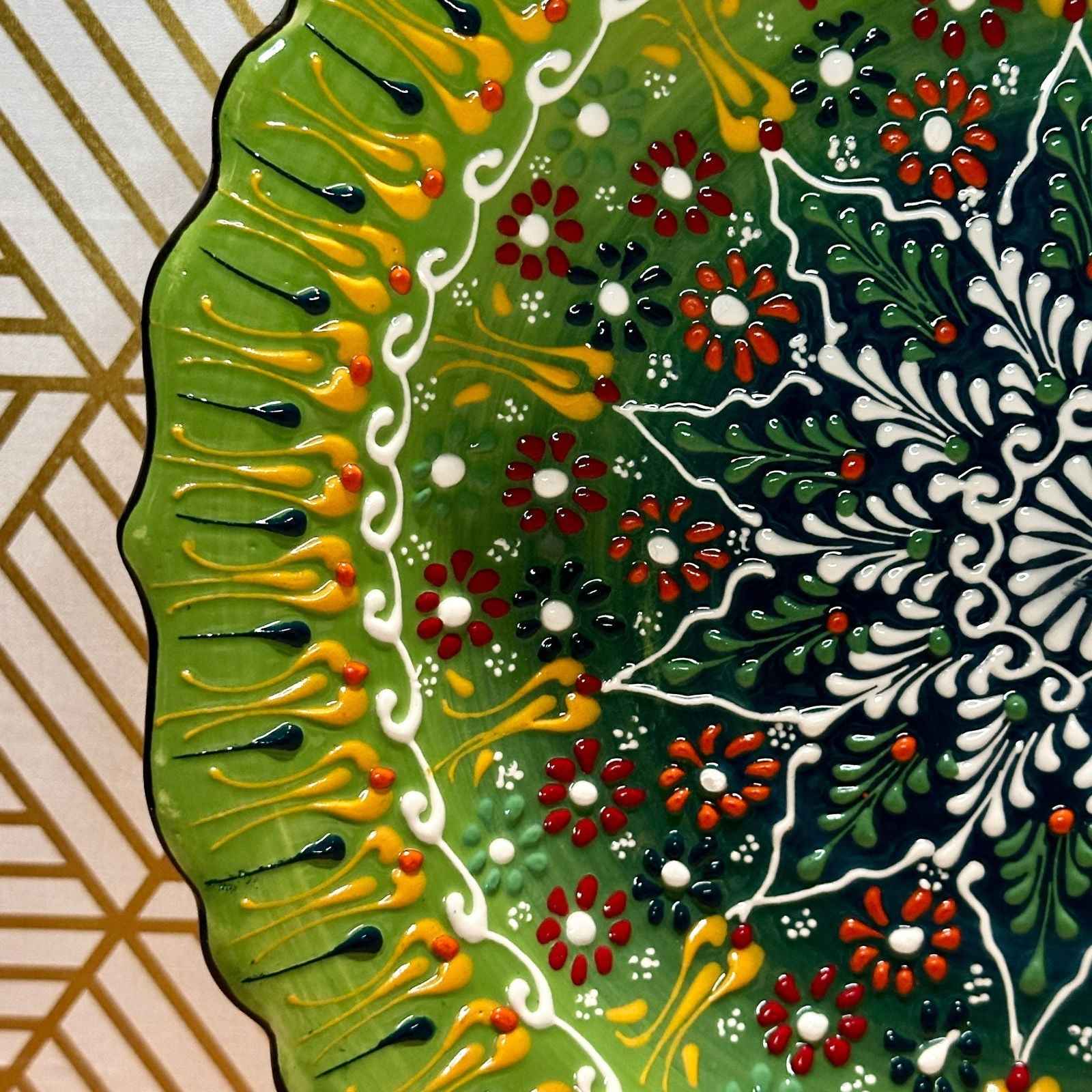 12” Turkish Ceramic Handmade & Painted Plate - Bright Green Dot Art Floral Tulip Patterned - Wall Hanging or Stand Use