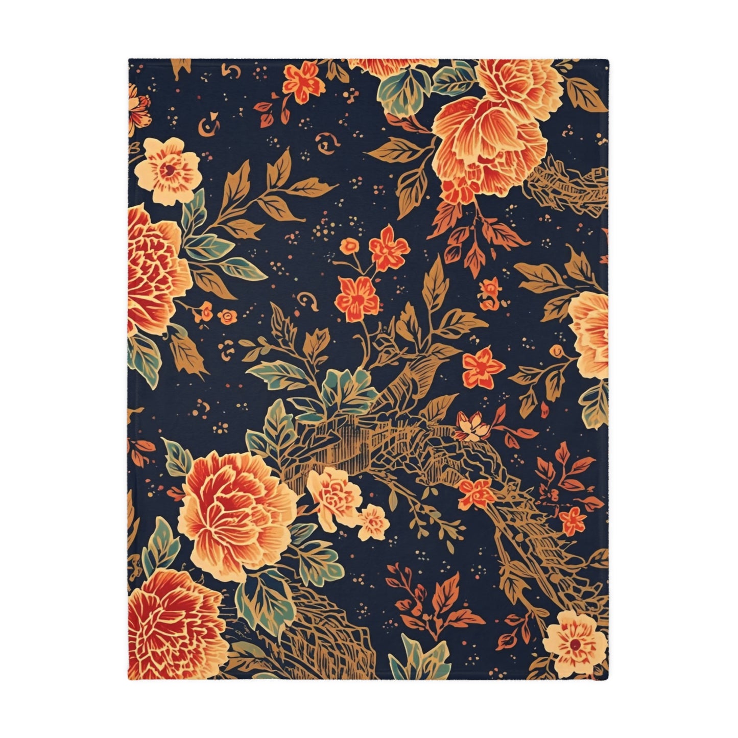 Floral Koi Velvet Microfiber Blanket — Vintage Navy Garden Throw