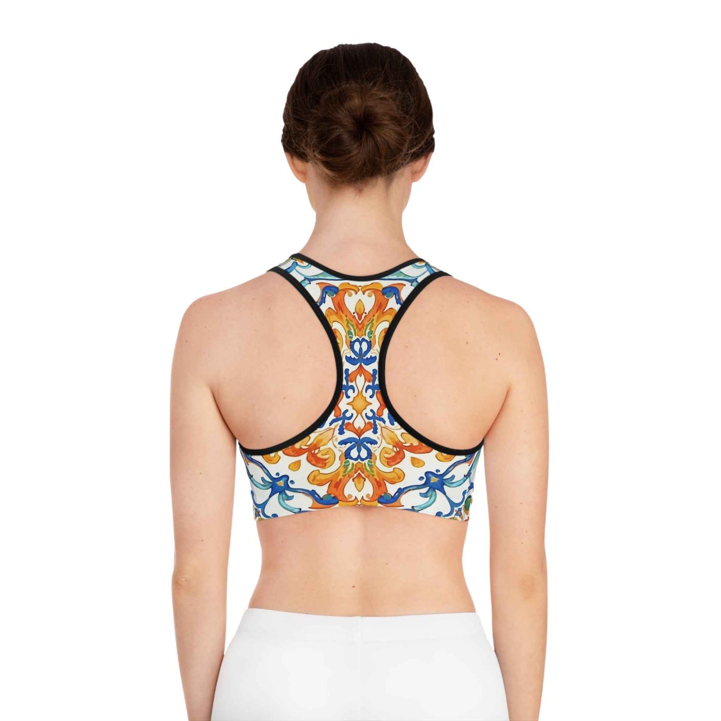 Mediterranean Tile Compression Sports Bra Orange Blue Allover Print