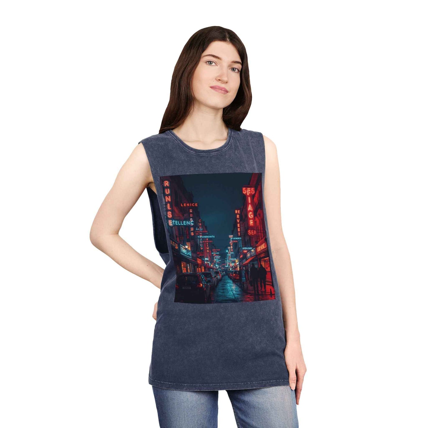 Neon French Cityscape Stonewash Tank Top With Retro Cyberpunk Night Street Print